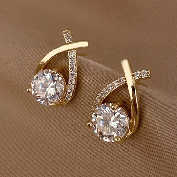 Jewelry - Yellow Gold Women's Crossed Labradorite & Rhinestone Decor Stud Earrings